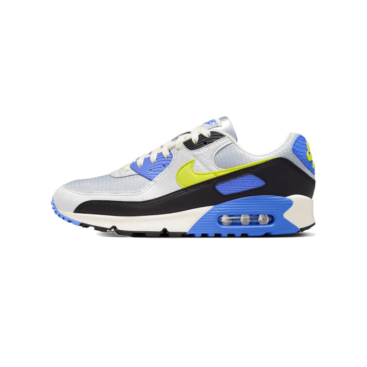 Side view of a gray Nike Air Max 90 sneaker with blue accents, a yellow-green Swoosh logo, black heel, and visible Air cushioning in the sole.