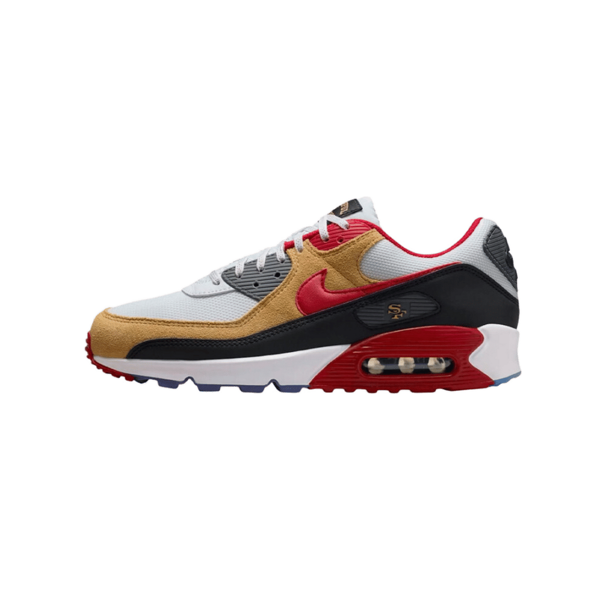 Side view of a white, gold, black and red Nike Air Max 90 sneaker with toe pointing left, showing a red Swoosh and an 'SF' logo patch near the heel, and a visible Air unit in the midsole