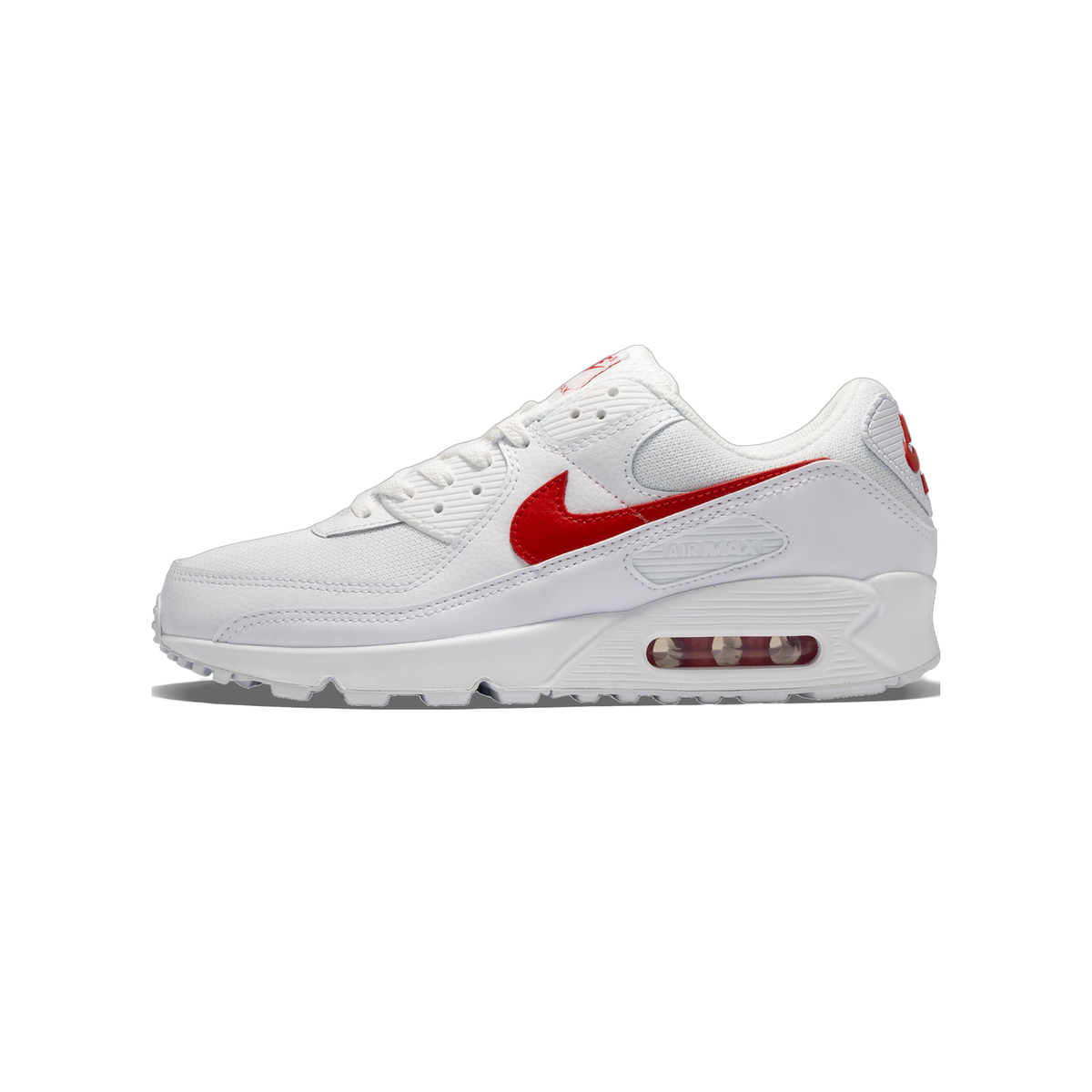Side view of a white Nike Air Max 90 sneaker with a red Swoosh logo, red visible Air unit at the heel, and the toe pointing left.