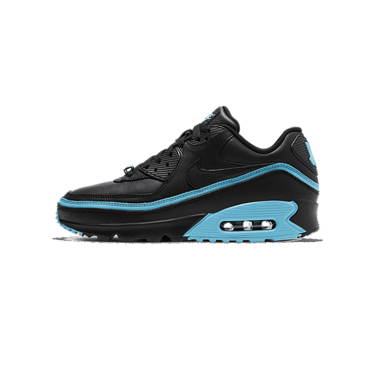 Side view of a black leather Nike Air Max 90 sneaker with blue piping, swoosh, and visible Air cushioning unit in the heel, toe pointing left