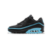 Side view of a black leather Nike Air Max 90 sneaker with blue piping, swoosh, and visible Air cushioning unit in the heel, toe pointing left