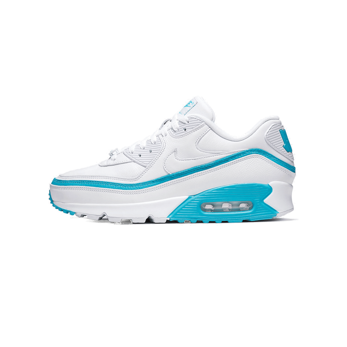 Side view of a white Nike Air Max 90 Undefeated sneaker with blue Swoosh, heel tab, and visible air unit sole facing left.