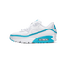 Side view of a white Nike Air Max 90 Undefeated sneaker with blue Swoosh, heel tab, and visible air unit sole facing left.