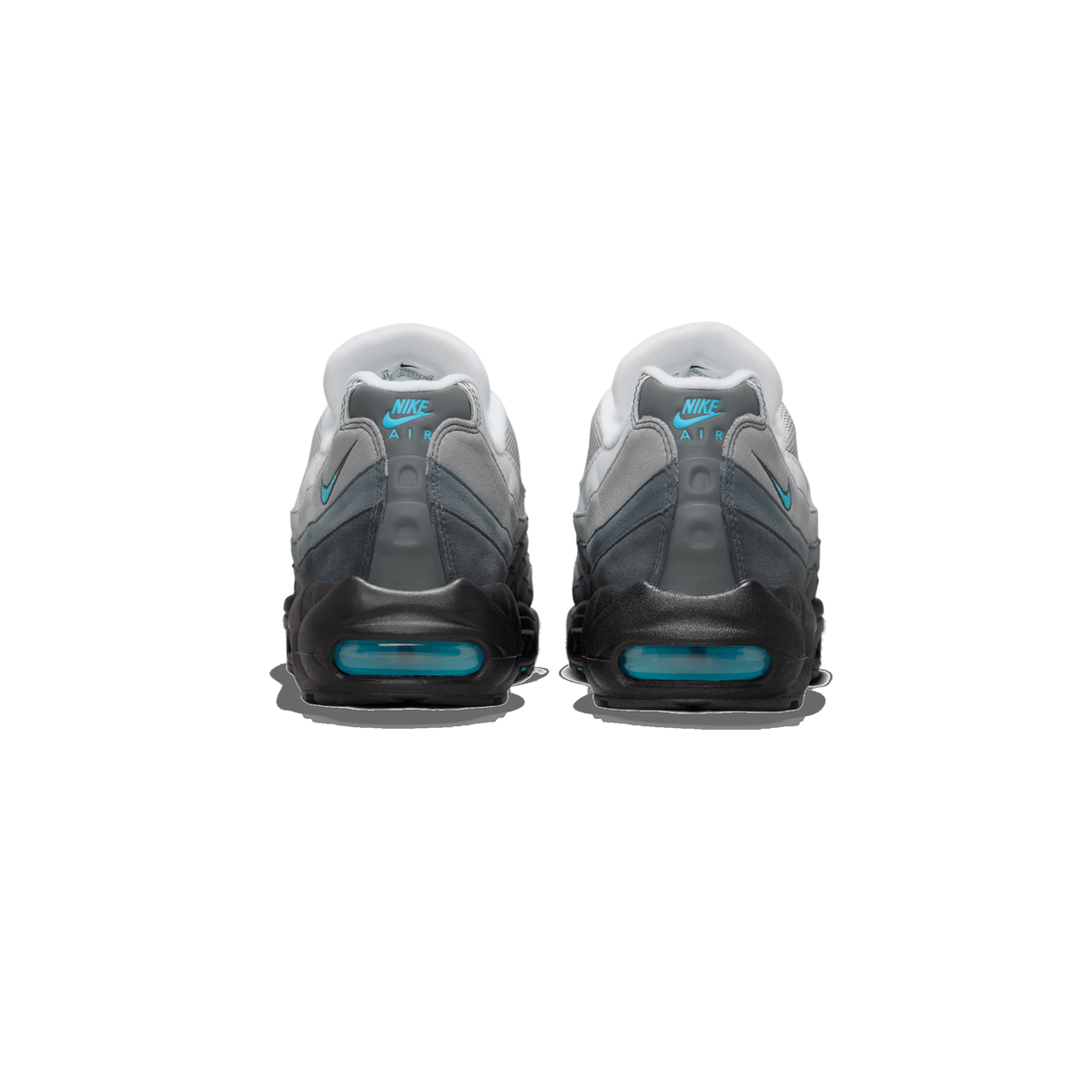 Rear view of a pair of Nike Air Max 95 sneakers in white, gray and black with blue Nike Air logos and visible blue Air cushioning in the heels