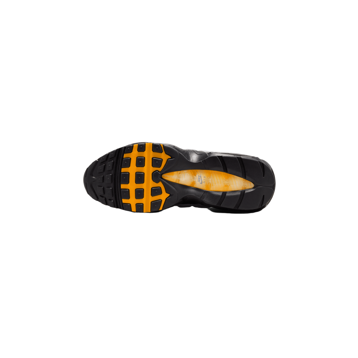 Underside of a single Nike Air Max 95 sneaker showing a black and yellow-orange outsole with rectangular tread blocks and a visible clear Air unit with the Nike Air logo in the heel area.