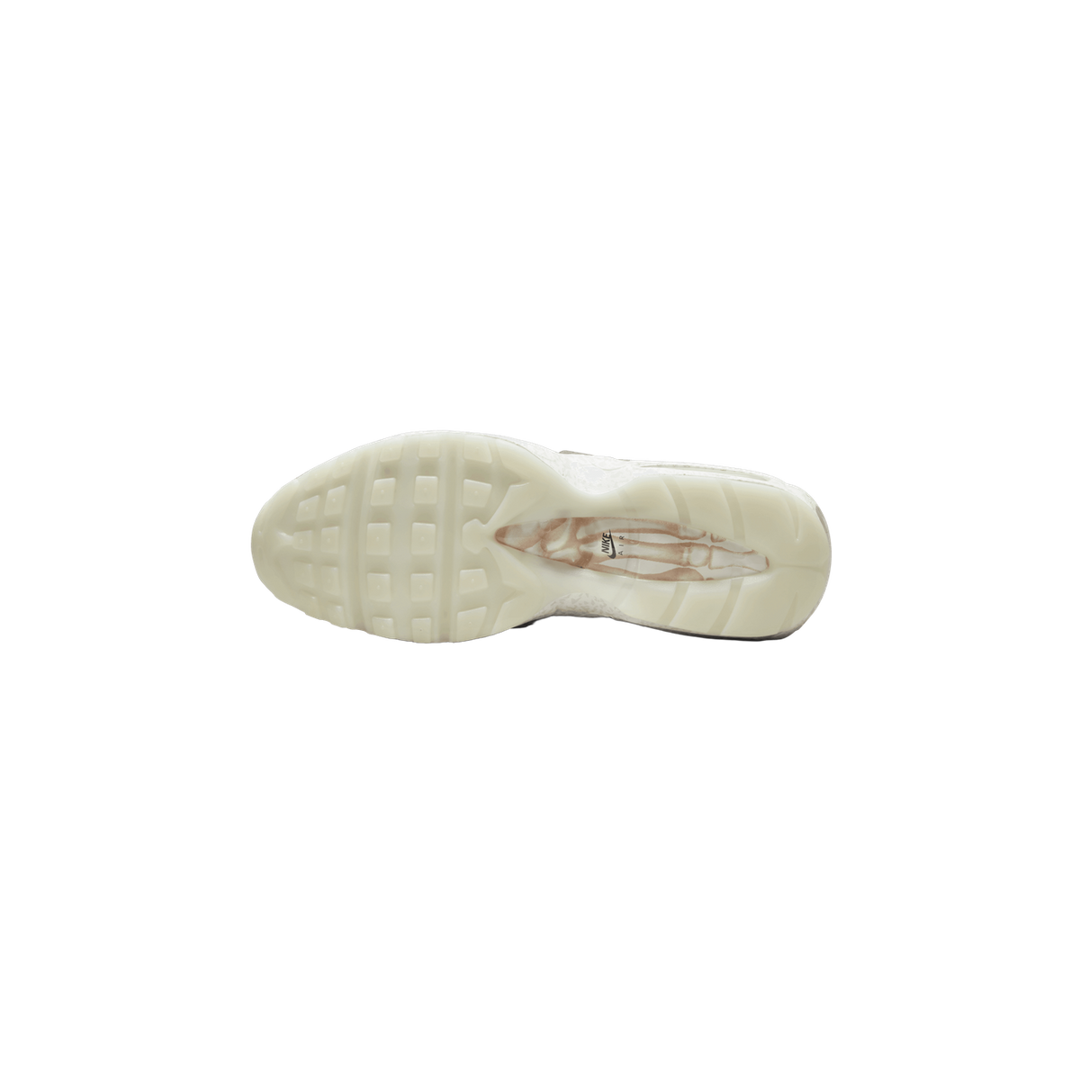Underside of a single beige and white Nike Air Max 95 shoe showing the full cream-colored outsole with a grid tread pattern and a translucent Air window in the midfoot displaying the Nike Air logo and a skeletal graphic.