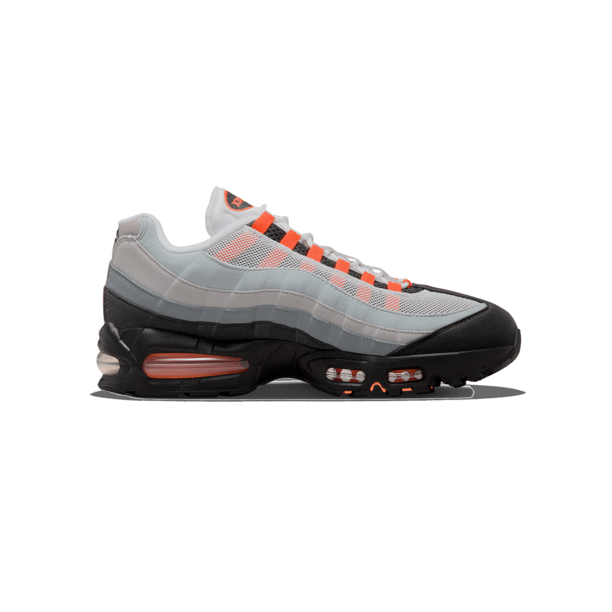 Right side view of a grey, white and black Nike Air Max 95 sneaker with orange mesh accents, lace loops, and a large orange visible Air bubble in the heel, toe pointing left.