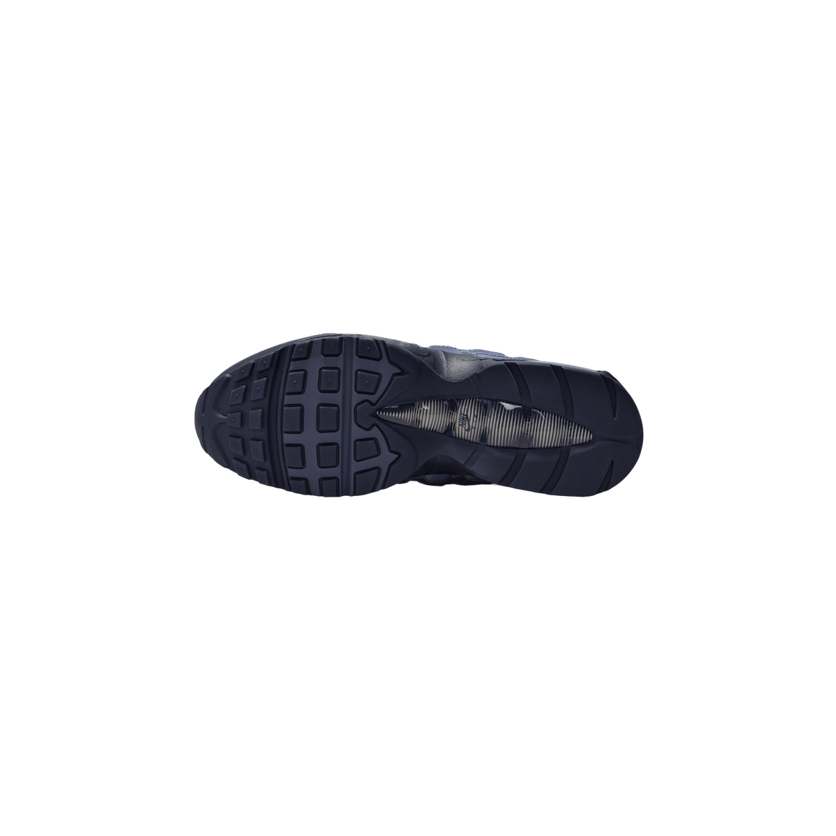 Underside of a single Nike Air Max 95 shoe showing the navy-blue rubber outsole with a grooved tread pattern and a clear window revealing the Air unit with a Nike logo.