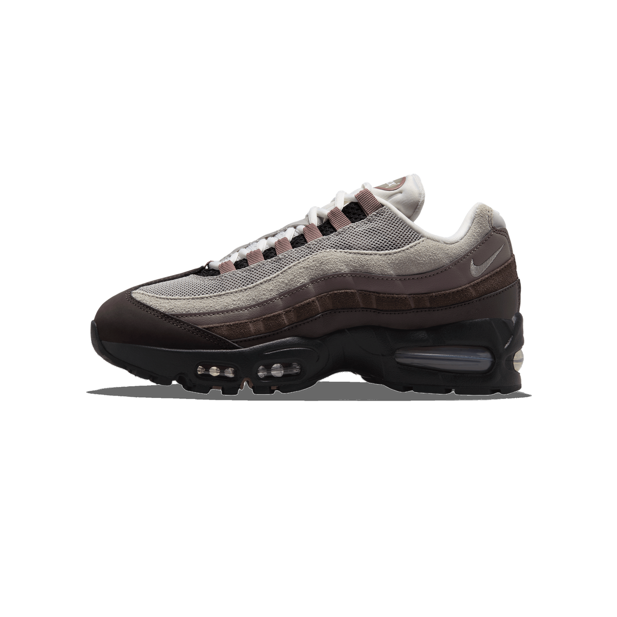 Lateral view of a Nike Air Max 95 sneaker in brown, grey, and mauve with a black visible air bubble sole unit.