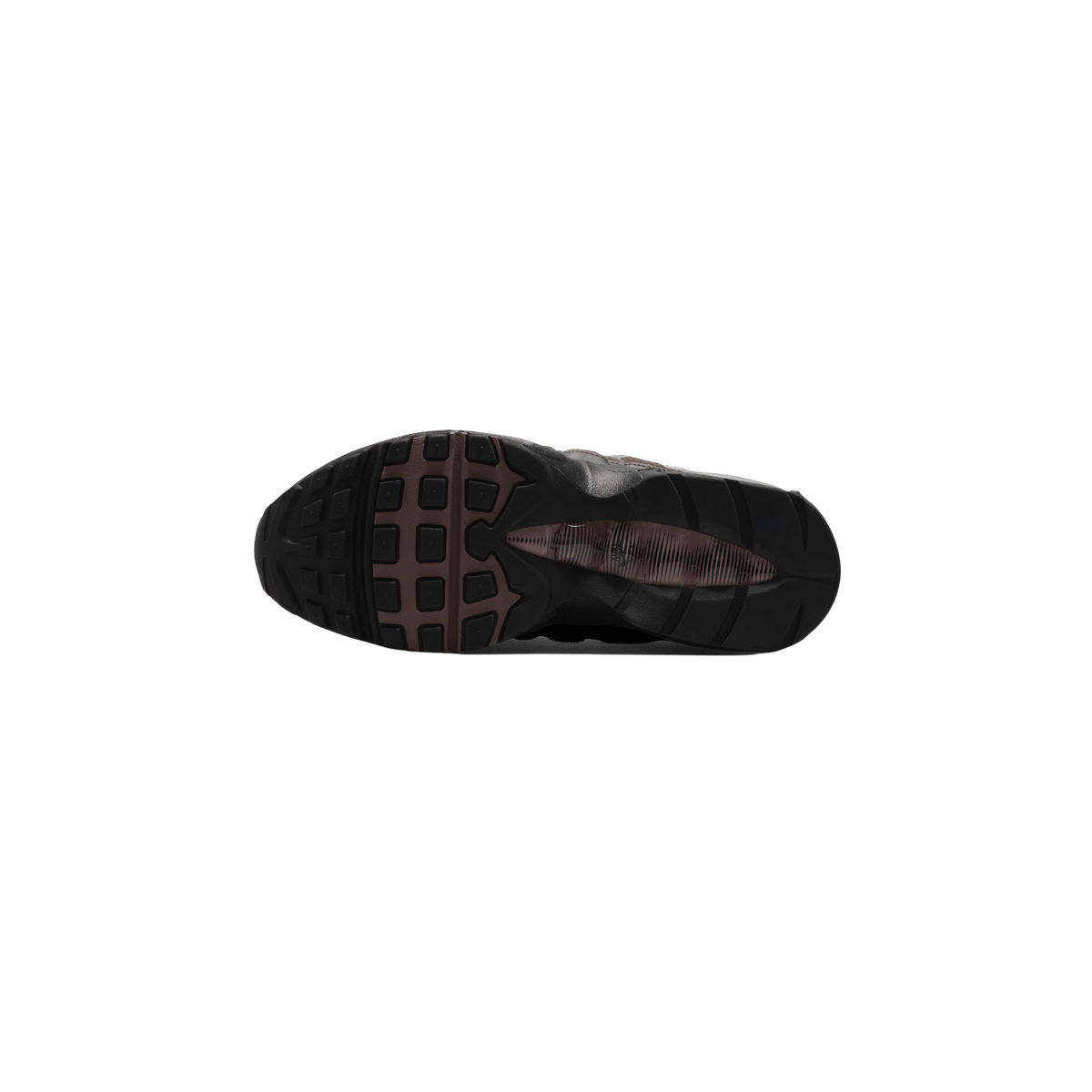Bottom view of a brown and black Nike Air Max 95 showing the tread pattern and visible Air Max cushioning unit in the heel.