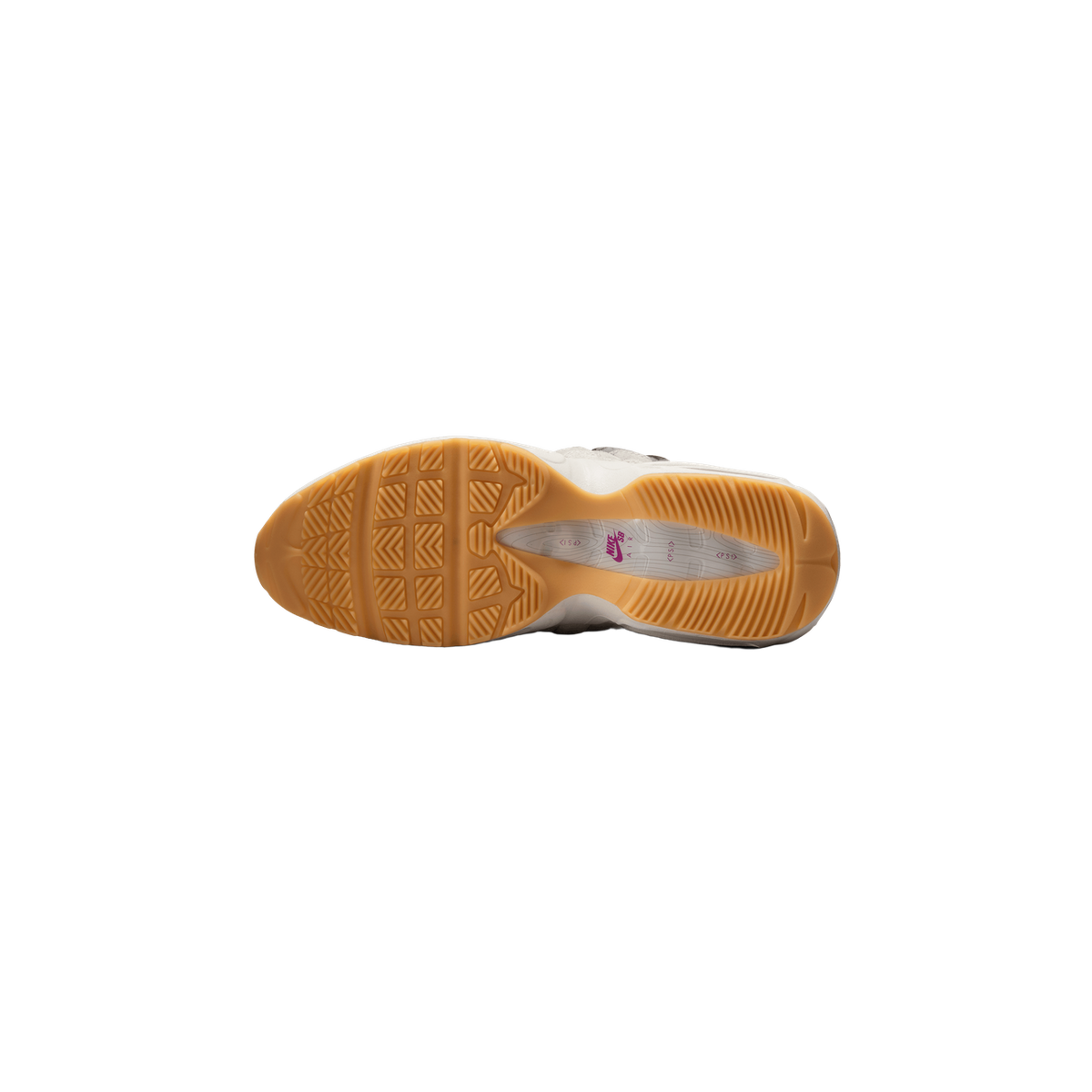 Bottom view of a Nike Air Max 95 SB showing the gum rubber outsole tread and a purple Nike SB Air logo on the insole