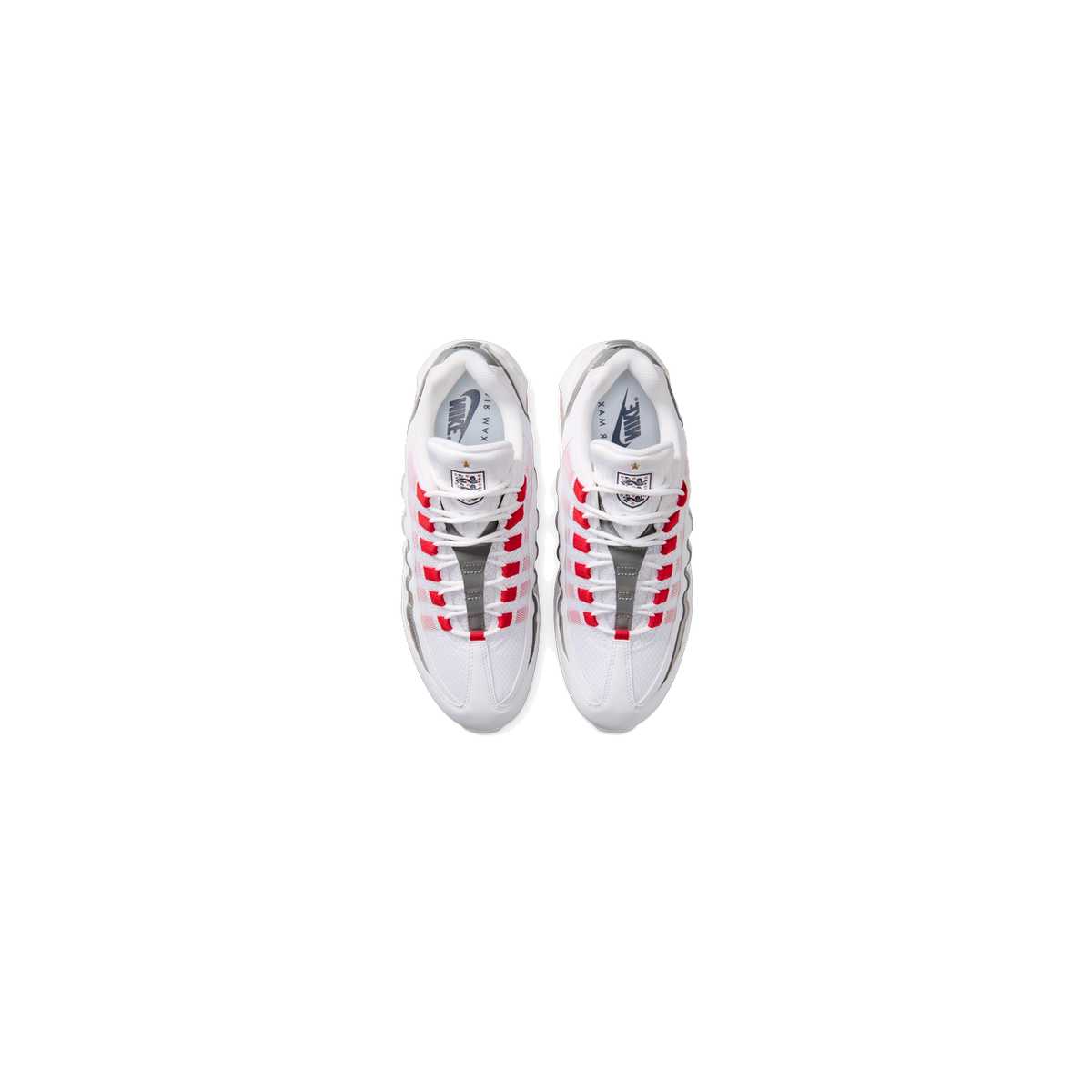 Top-down view of a pair of white Nike Air Max 95 SE sneakers with red eyelets, grey heel and tongue accents, and a crest logo on the tongue.