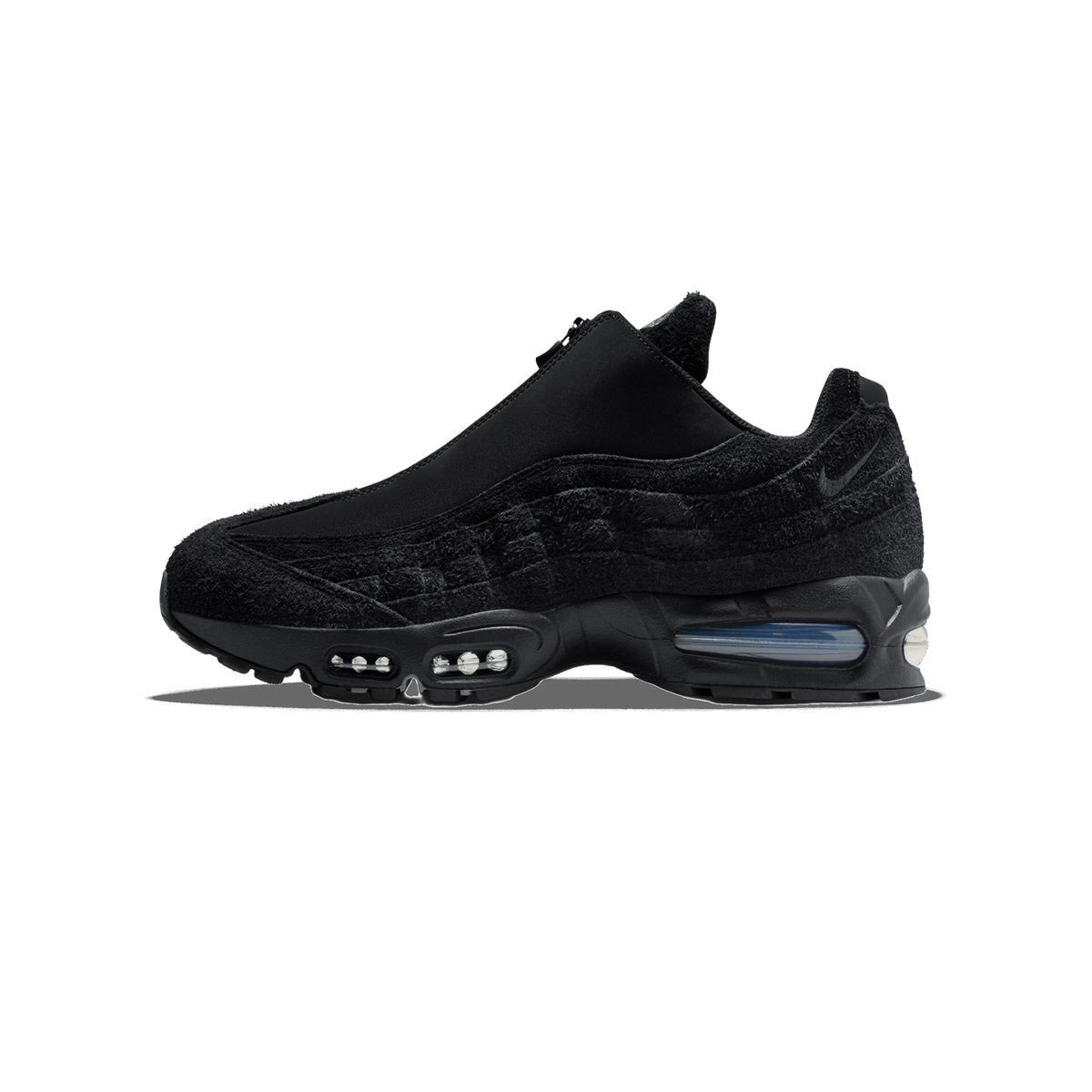 Lateral view of a black Nike Air Max 95 Zip SP with a front zipper, textured suede overlays, and visible heel air unit, toe pointing left.