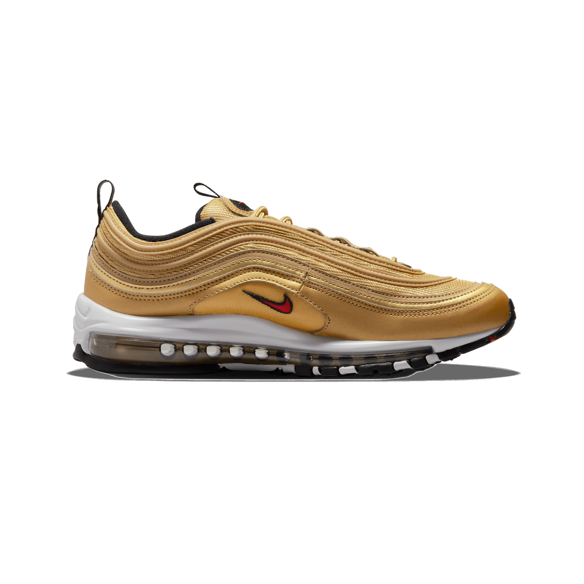 Left Nike Air Max 97 sneaker in metallic gold with wavy upper lines, red swoosh logo, and visible air cushioning unit in the sole, shown from the side with toe pointing left.