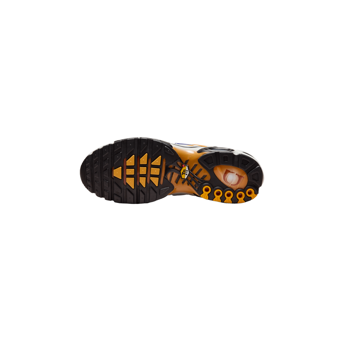 Underside of a single sneaker showing the full black and yellow-orange outsole with a gold-toned tread pattern, a Tn logo on the midfoot, and yellow air-unit cutouts at the heel.