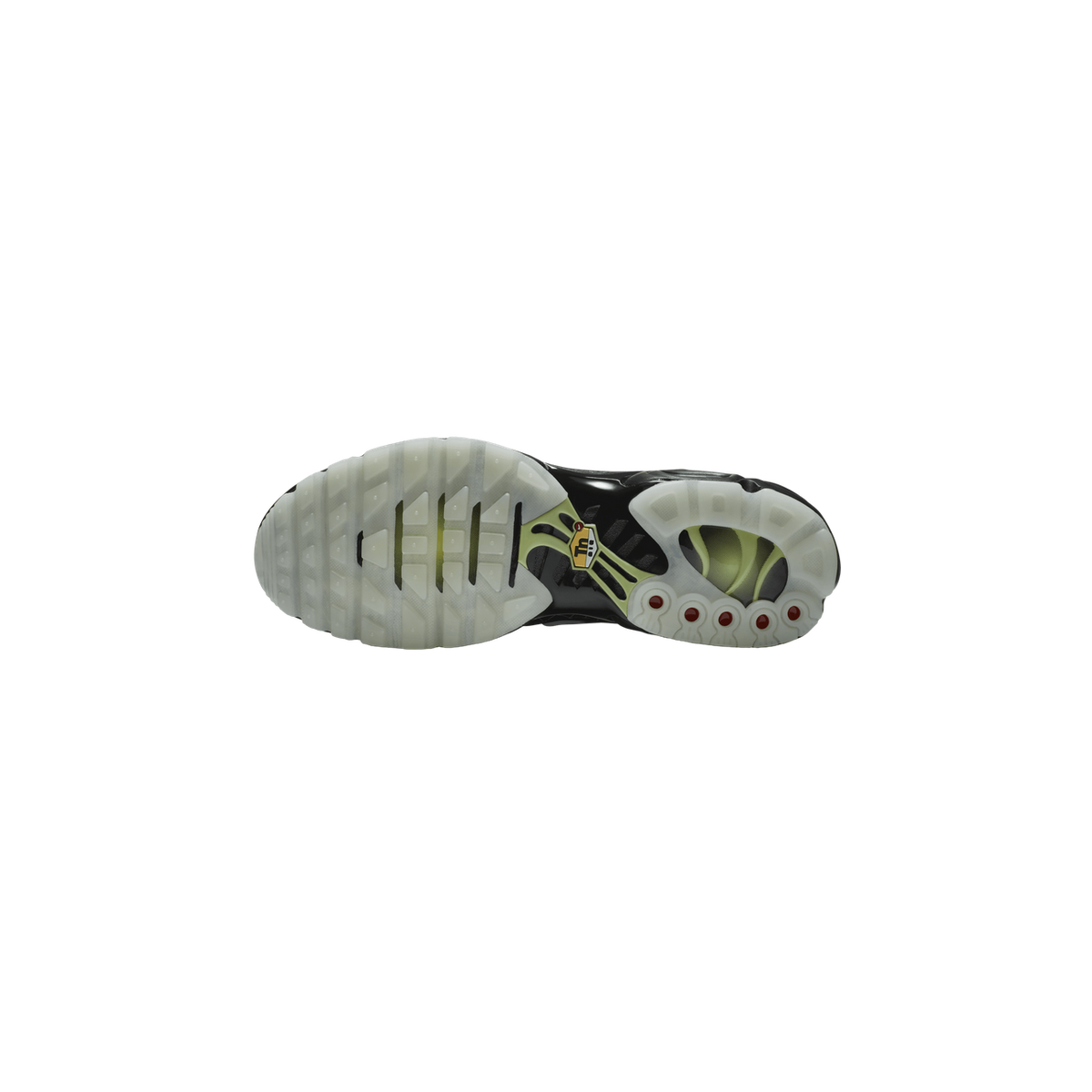 Bottom view of a Nike Air Max Plus shoe showing a translucent gray tread pattern with a black, green, and red TN logo detail at the heel and forefoot.