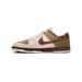 Side view of a Nike Dunk Low sneaker in khaki, cream, and white with a dark red swooth, leopard print heel panel, and brown midsole.