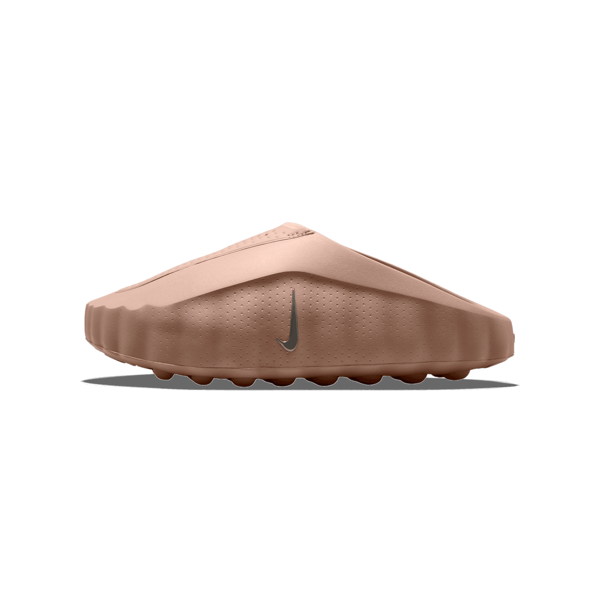 Side view of a tan Nike Mind 001 slip-on slide with perforated upper and small Swoosh logo, toe pointing left