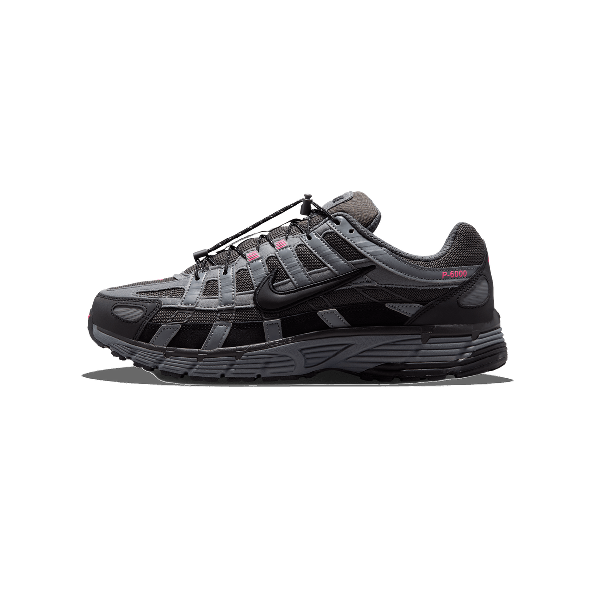 Side profile of a black and grey Nike P-6000 sneaker with pink accents, toe pointing left, showing the swoosh logo, black elastic toggle lacing, and the 'P-6000' text on the heel panel.