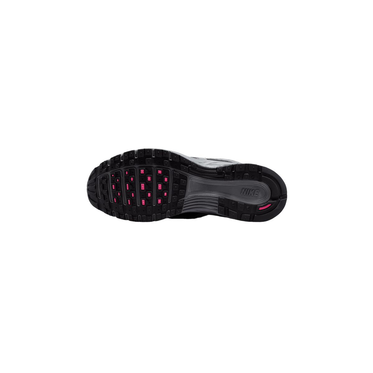 Underside (outsole) of a black and gray Nike P-6000 sneaker showing the black tread pattern with pink accent inserts, a grey midsole plate with a raised NIKE wordmark, and a small pink branded tag near the heel.