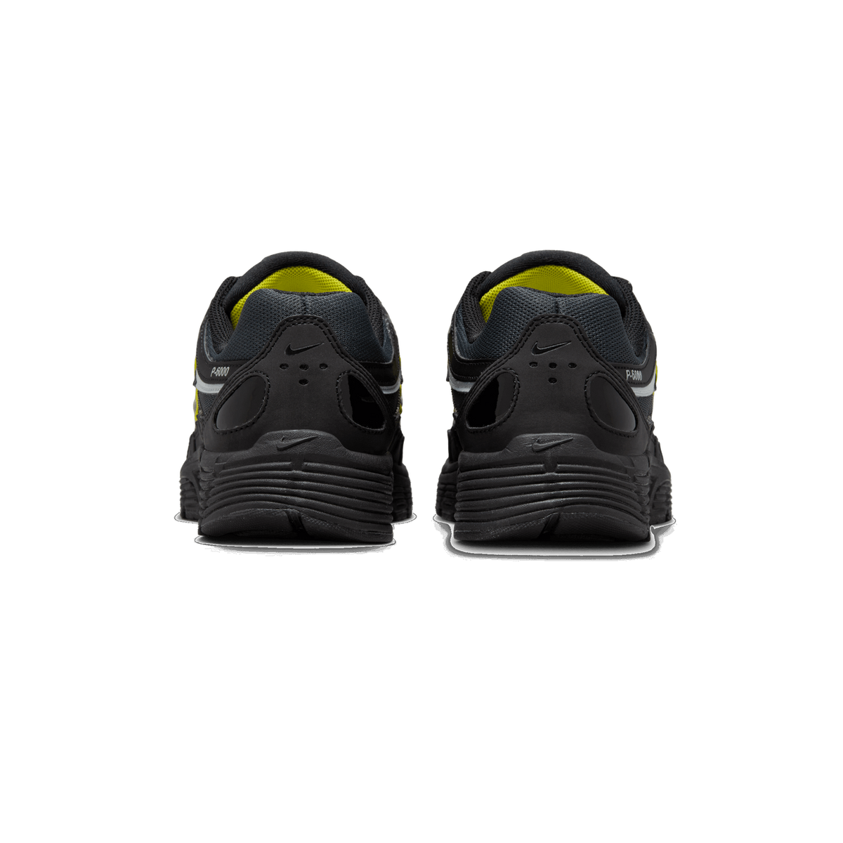 Rear view of a pair of black Nike P-6000 sneakers with yellow accents on the collar lining, grey mesh panels, and the P-6000 branding visible on the heel.