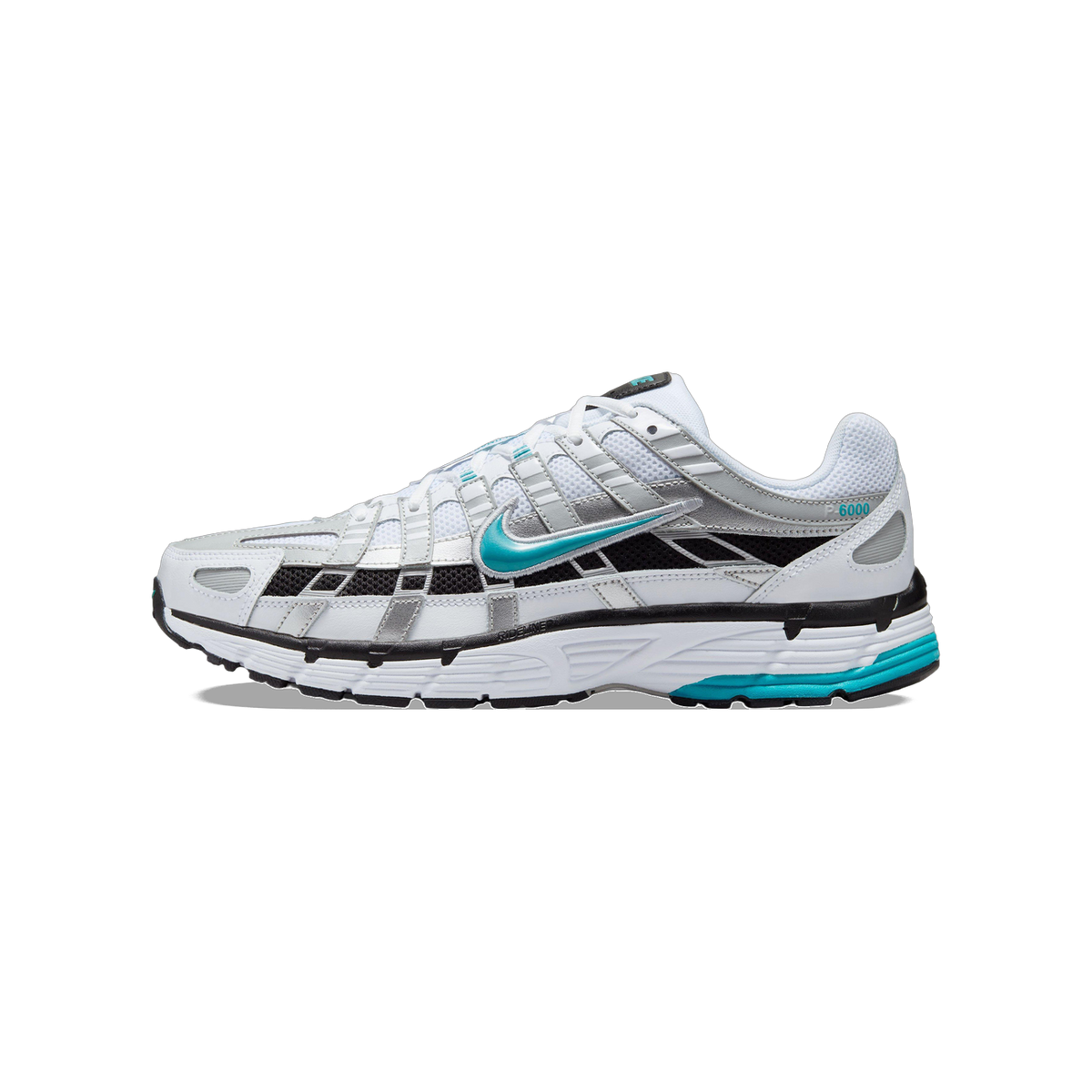 Side view of a white Nike P-6000 sneaker with silver overlays, black mesh panels, a teal swoosh, and teal accents on the midsole, toe pointing left