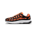 Side profile of a single Nike P-6000 sneaker with the toe pointing left, showing orange mesh panels, black leather overlays, an orange-and-black Swoosh logo on the side, and a white midsole with black outsole edge.
