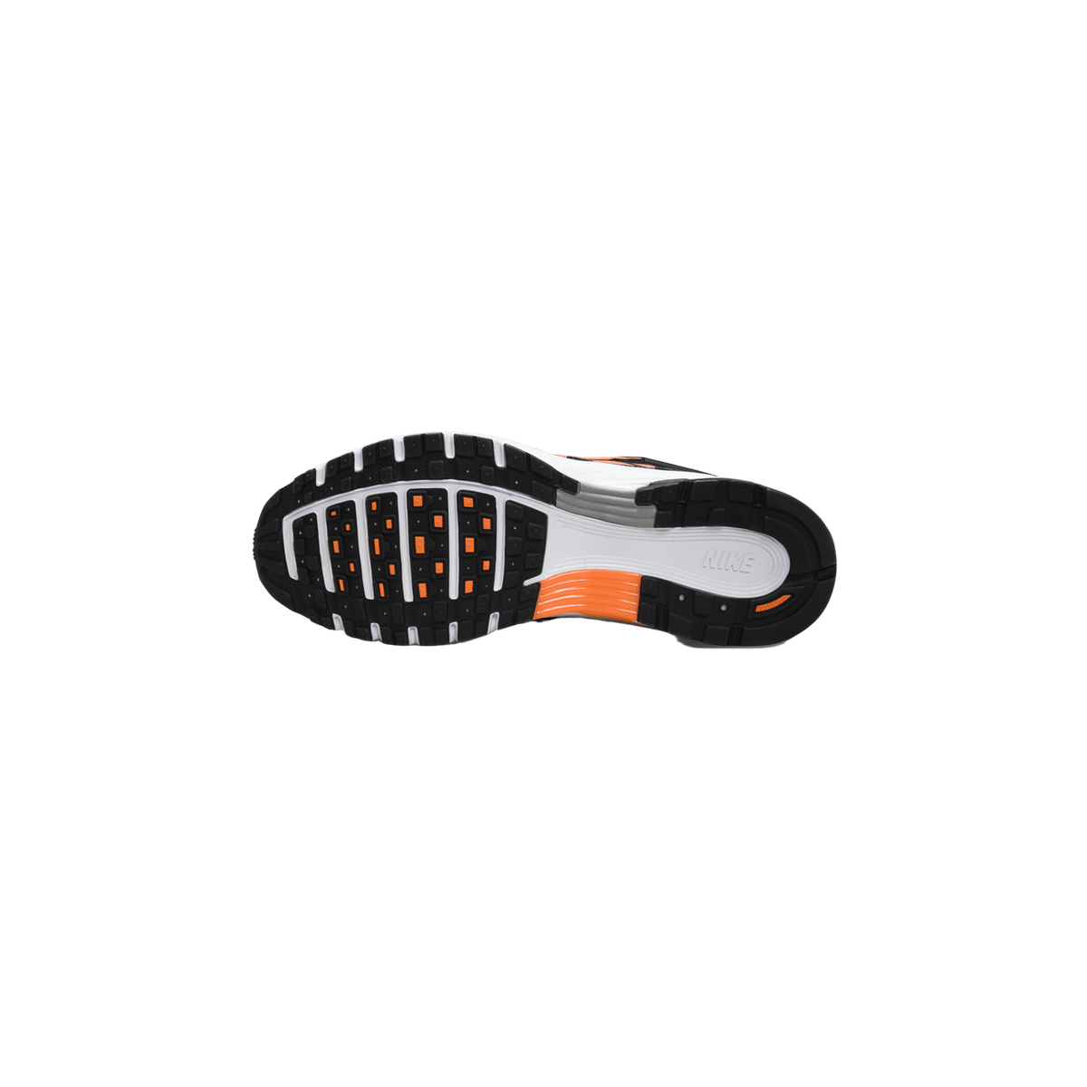 Underside of a Nike P-6000 shoe showing the full outsole with black lug tread, white midsole edging, orange accent pods and heel block, and the Nike wordmark on the white midsole.