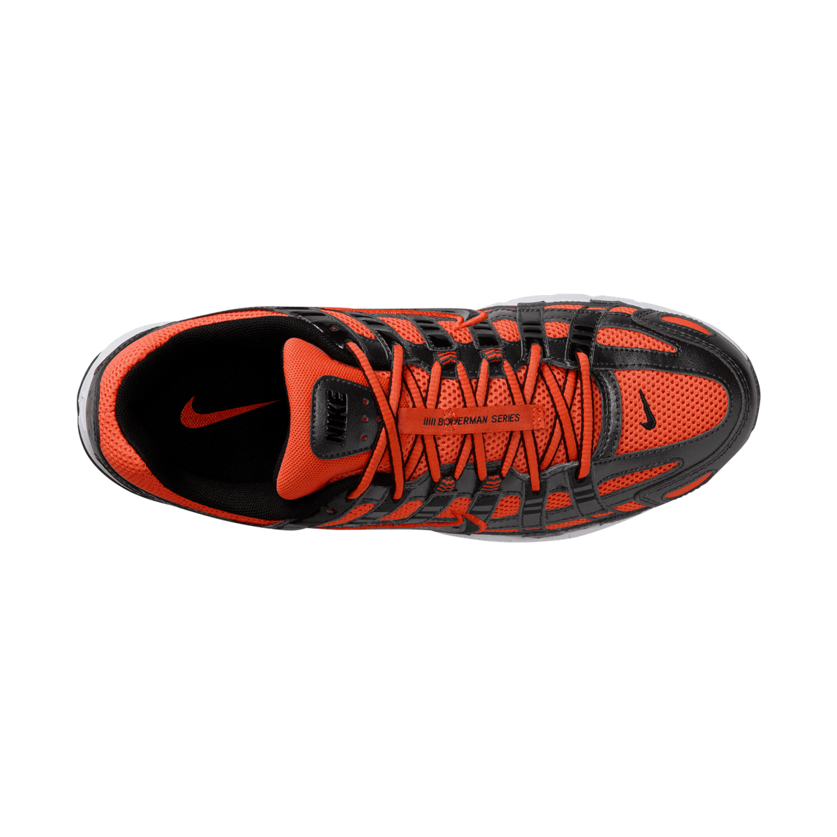Top-down view of a single orange and black Nike P-6000 sneaker with orange laces, black overlays, and the tongue and collar visible, with the toe pointing to the right.