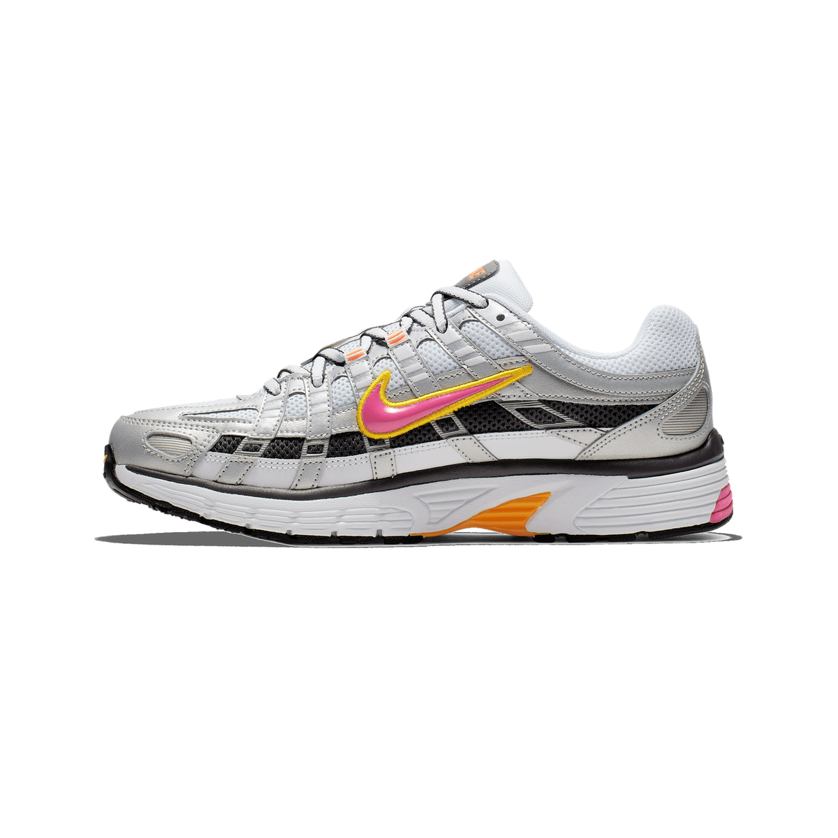 Side view of a white and silver Nike P-6000 sneaker with a pink and yellow outlined swoosh, black mesh paneling, and an orange and pink accented midsole, toe pointing left.
