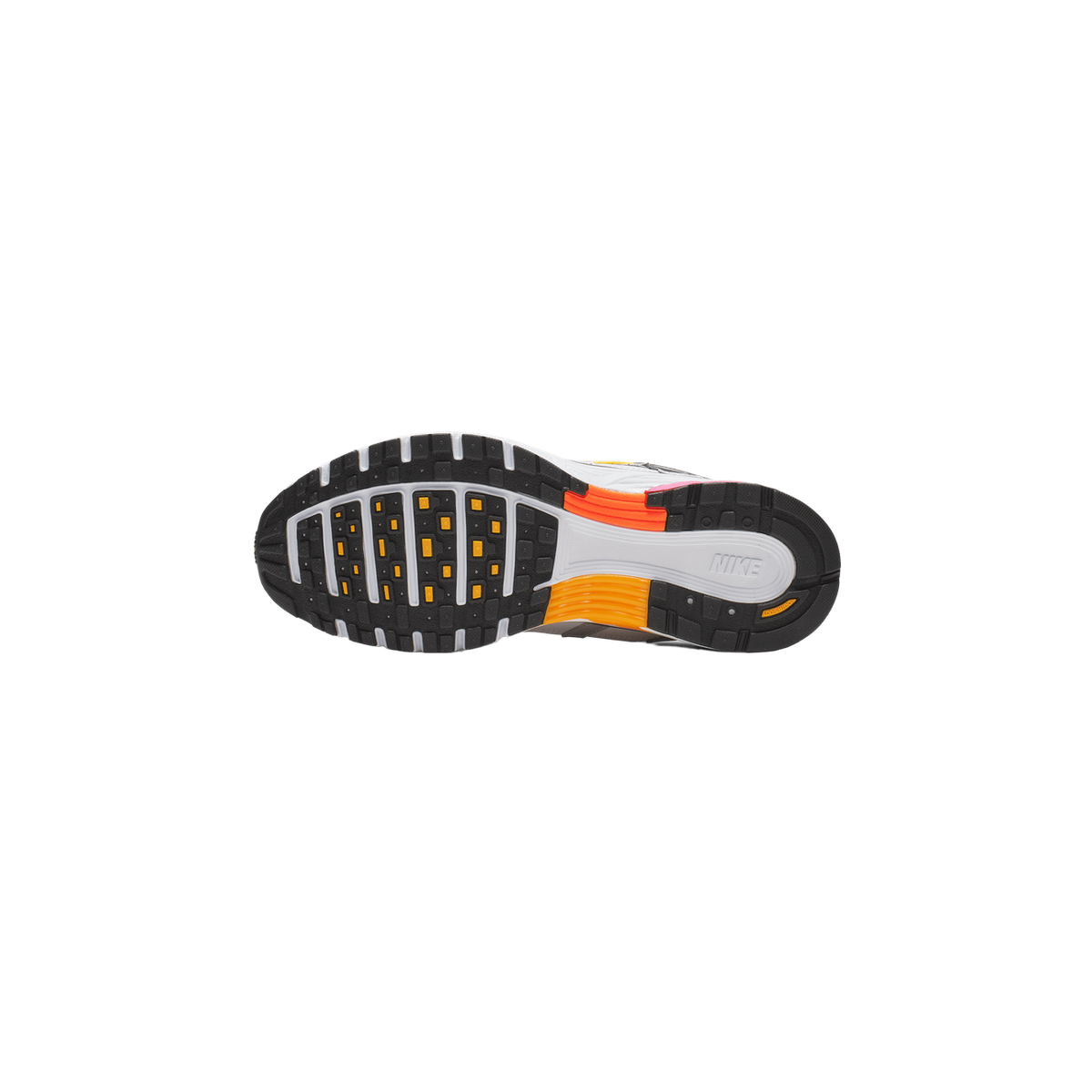 Bottom view of a Nike P-6000 sneaker showing a black lugged outsole with orange and yellow accents and visible Nike branding on the heel.