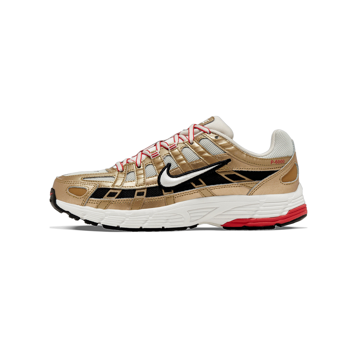 Side view of a metallic gold Nike P-6000 sneaker with white mesh panels, black overlays, red laces and accents, and a white midsole with red heel detail, toe pointing left