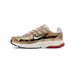 Side view of a metallic gold Nike P-6000 sneaker with white mesh panels, black overlays, red laces and accents, and a white midsole with red heel detail, toe pointing left