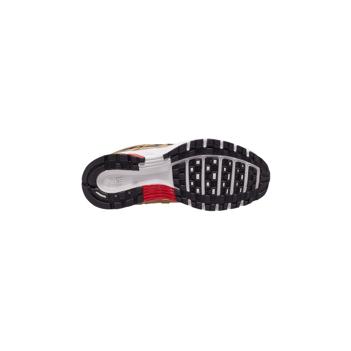 Bottom view of a Nike P-6000 sneaker showing a black lugged outsole with white midsole accents, a red heel section, and the Nike logo embossed near the arch.
