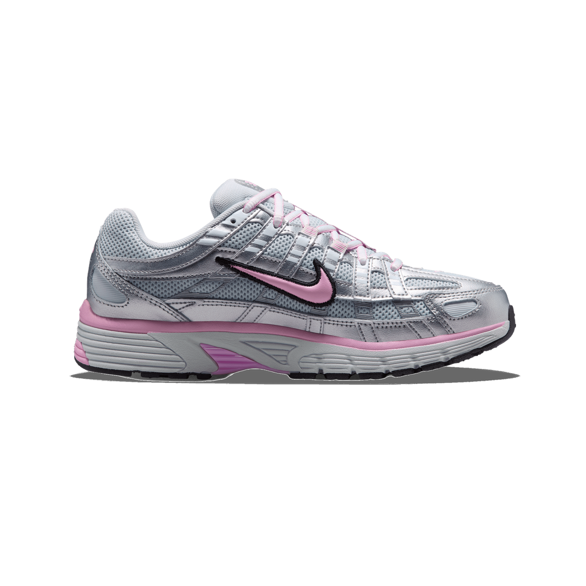 Side view of a Nike P-6000 sneaker in metallic silver with a pink swoosh and midsole stripe, toe pointing left