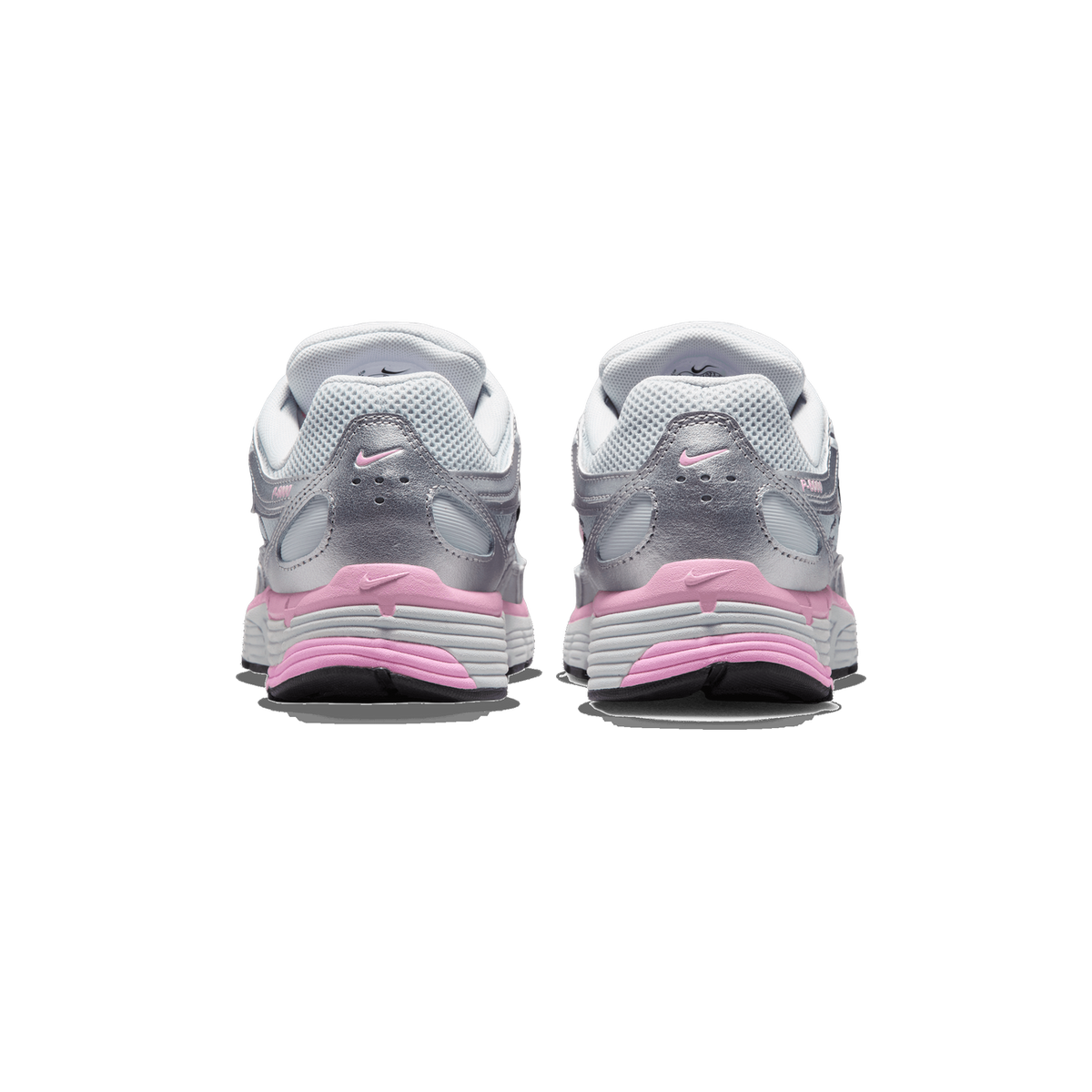 Rear view of a pair of Nike P-6000 sneakers in metallic silver with pink midsoles and pink Nike logos on the heels.