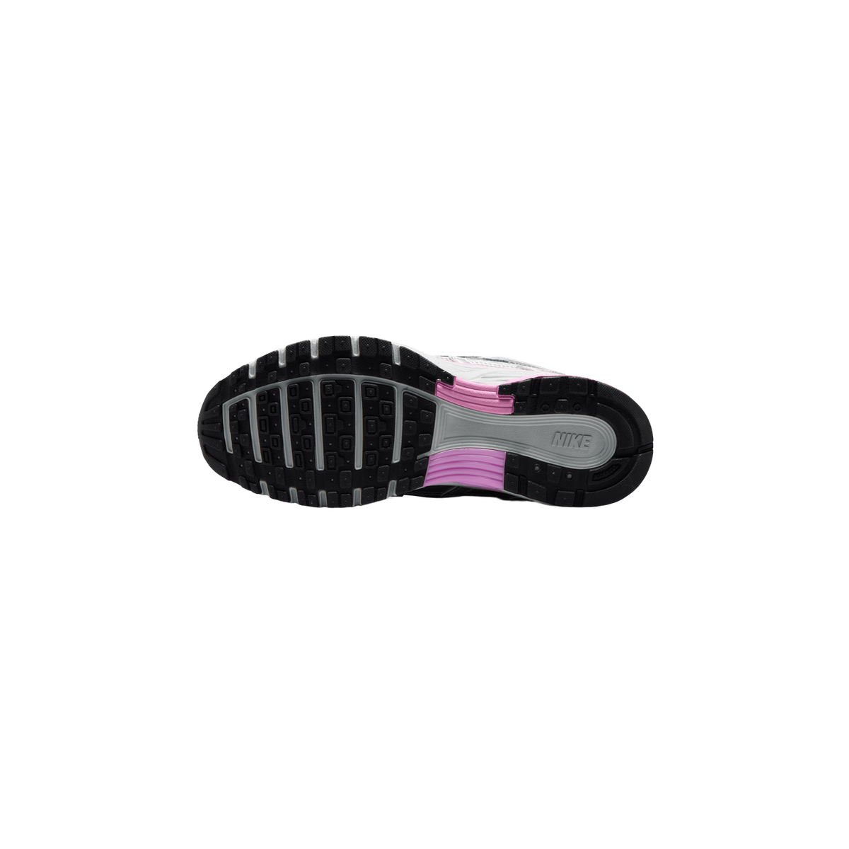 Bottom view of a Nike P-6000 sneaker showing the black lugged outsole with pink heel and forefoot accents and a grey Nike logo.