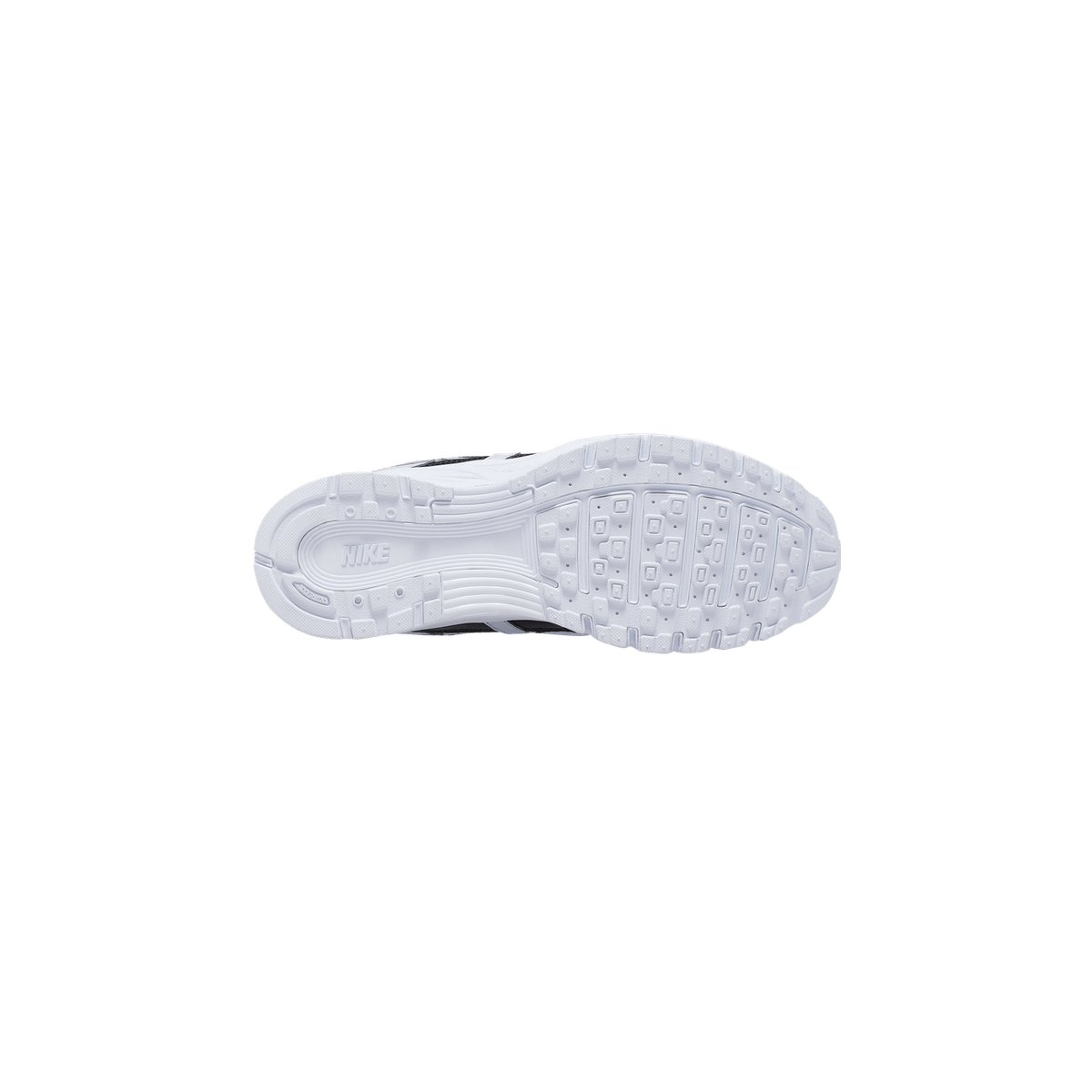 Underside of a white Nike sneaker showing the full white rubber outsole with a 'NIKE' wordmark and tread pattern, with a dark grey upper edge visible at the sides.