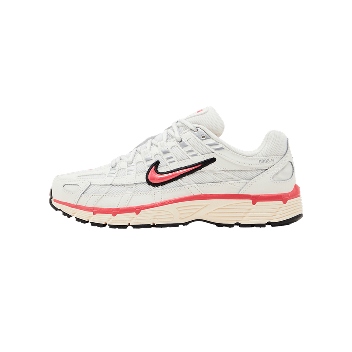 Side view of a white Nike P-6000 sneaker with pink swoosh and midsole accents, toe pointing left