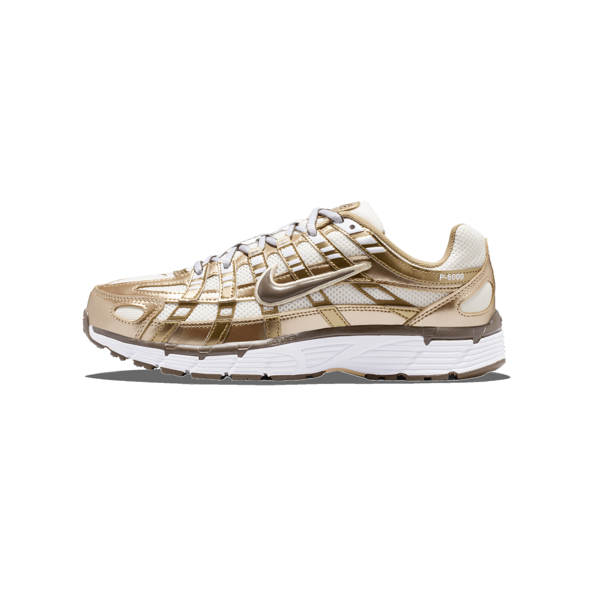 Lateral view of a Nike P-6000 sneaker in white and metallic gold with a layered mesh and overlay design and white midsole with brown accents