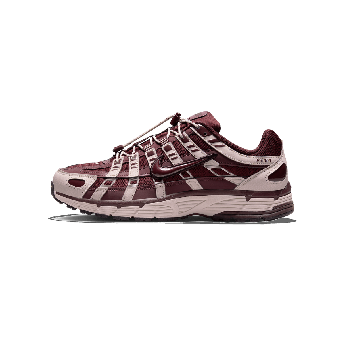 A single Nike P-6000 sneaker in burgundy and light taupe, shown from the outside with the toe pointing left, displaying the Swoosh logo and P-6000 branding on the side and a visible bungee-style lace system.