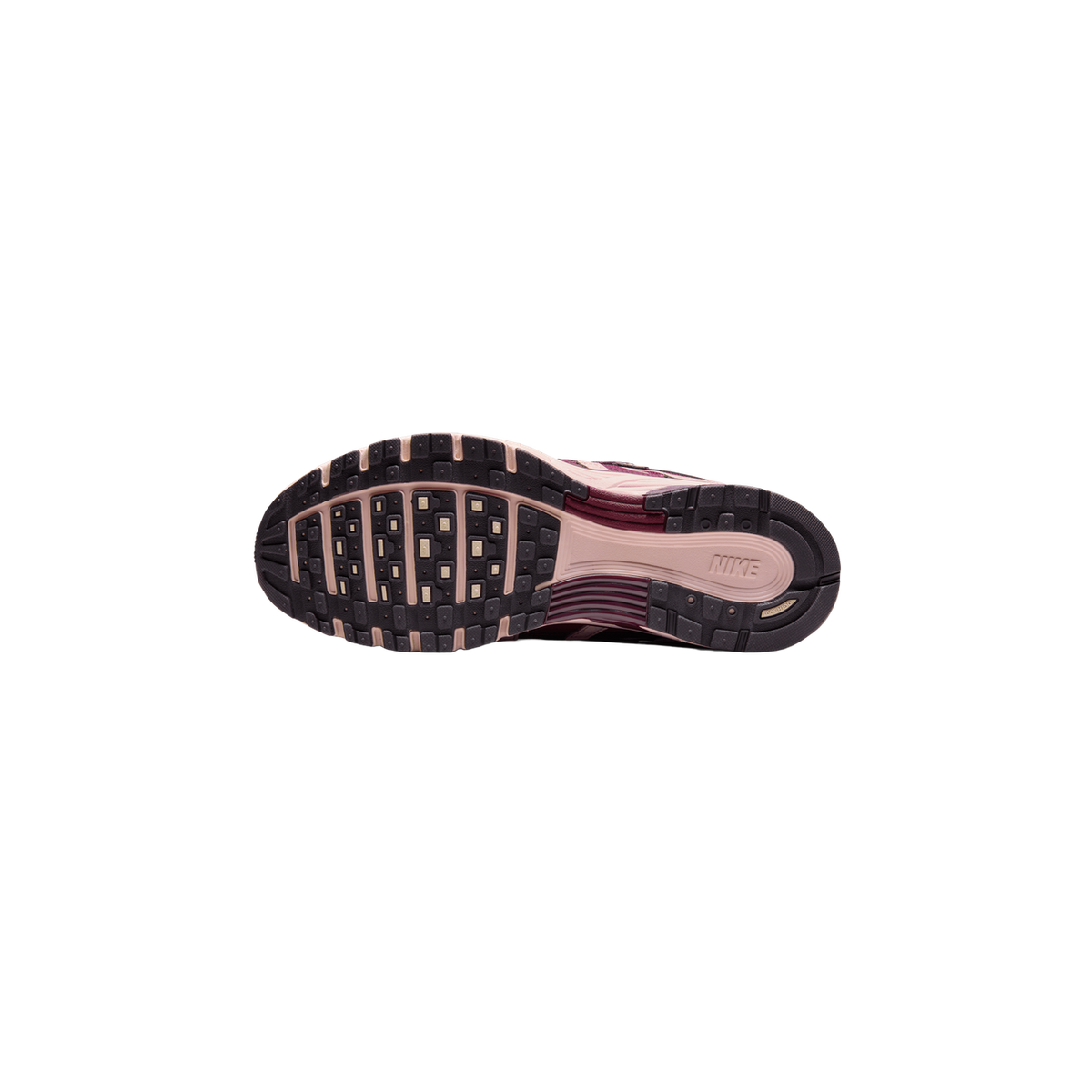 Underside view of a single Nike P-6000 sneaker showing the full outsole, with a pink-beige midsole edge, dark brown and burgundy lugged tread, and the word NIKE printed on the heel area.