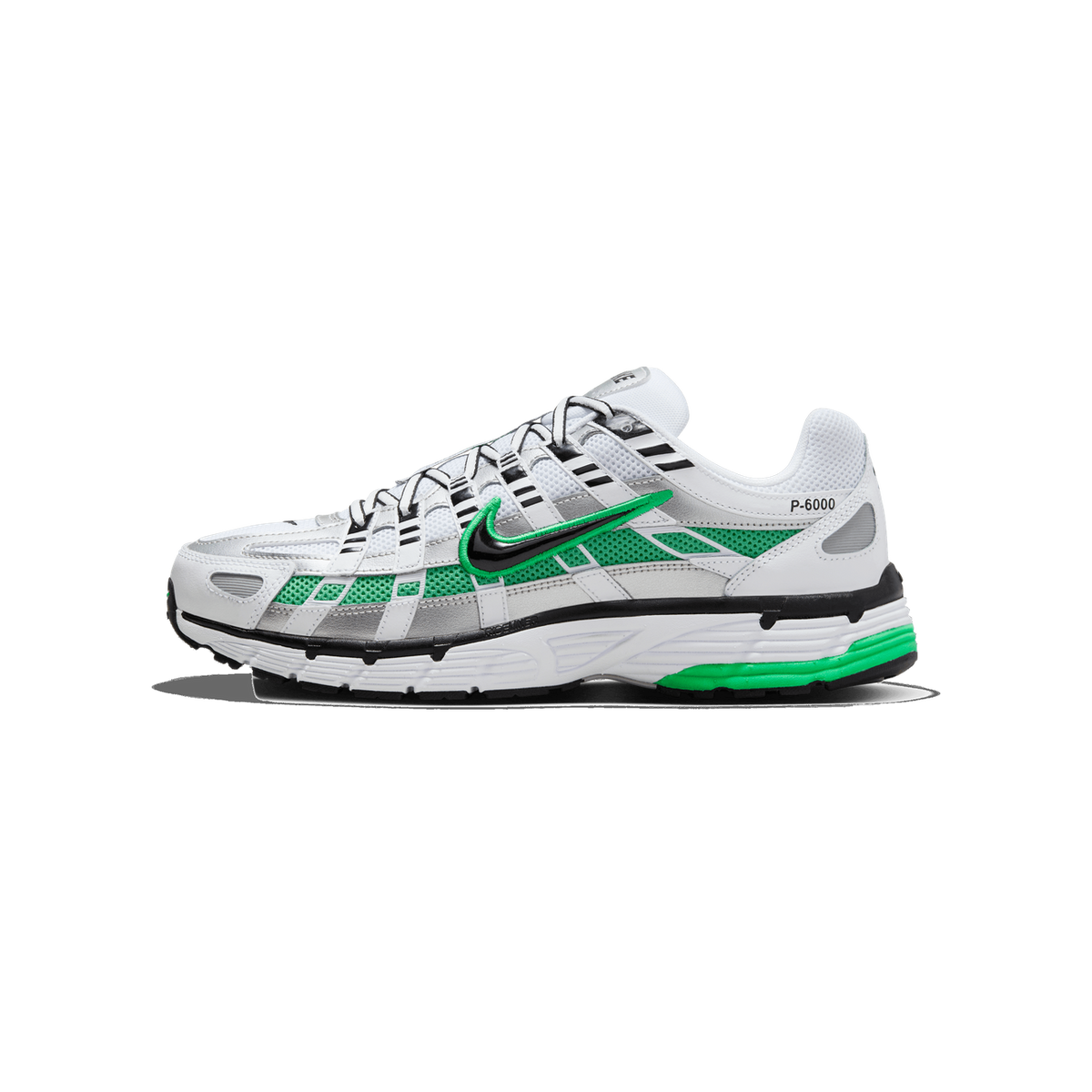 Side profile of a single white and silver Nike P-6000 sneaker with green mesh panels, a green-and-black Swoosh logo on the side, and a "P-6000" label on the heel, with the toe pointing left.