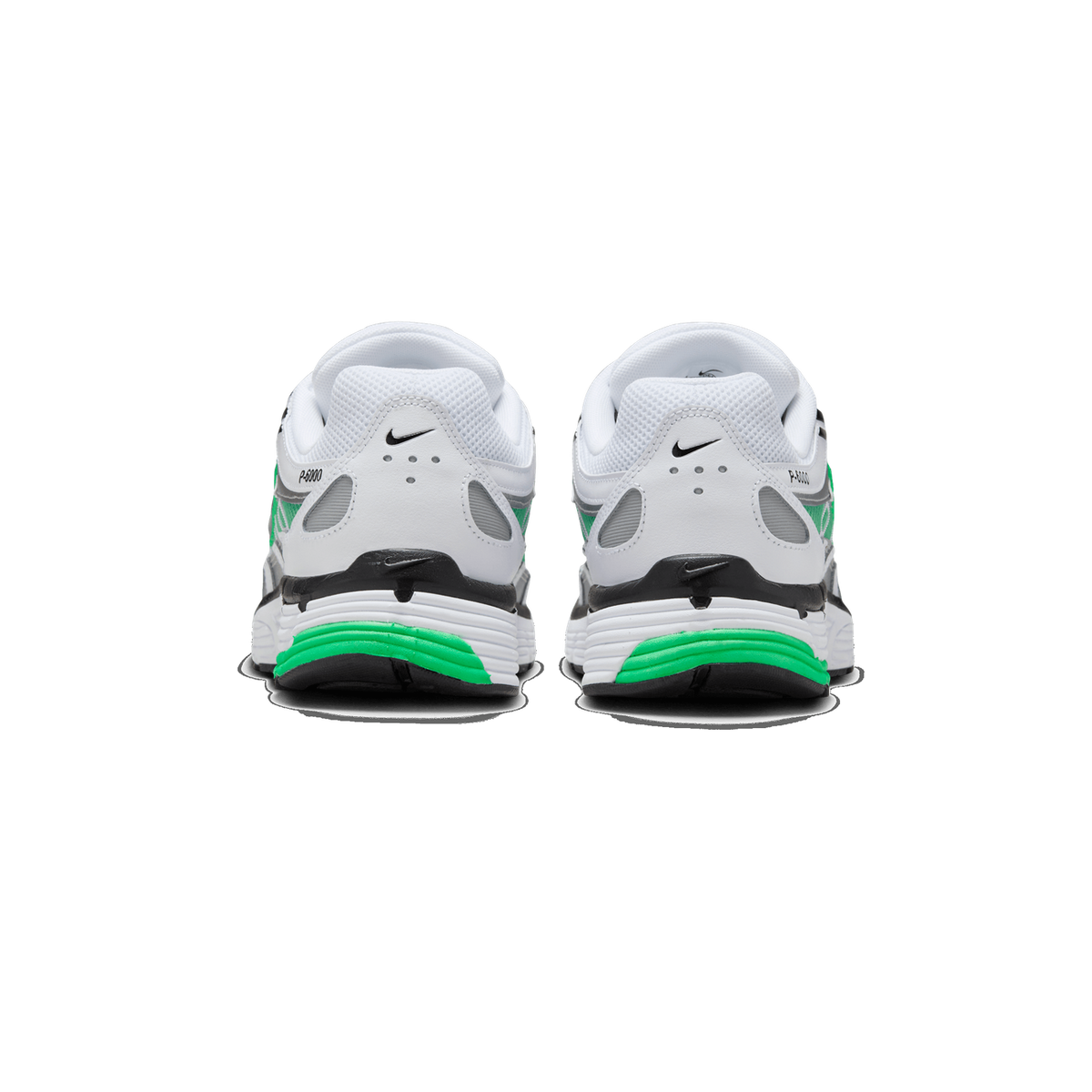Rear view of a pair of Nike P-6000 sneakers in white, green and black, with the backs of both shoes centred side by side on a white background.