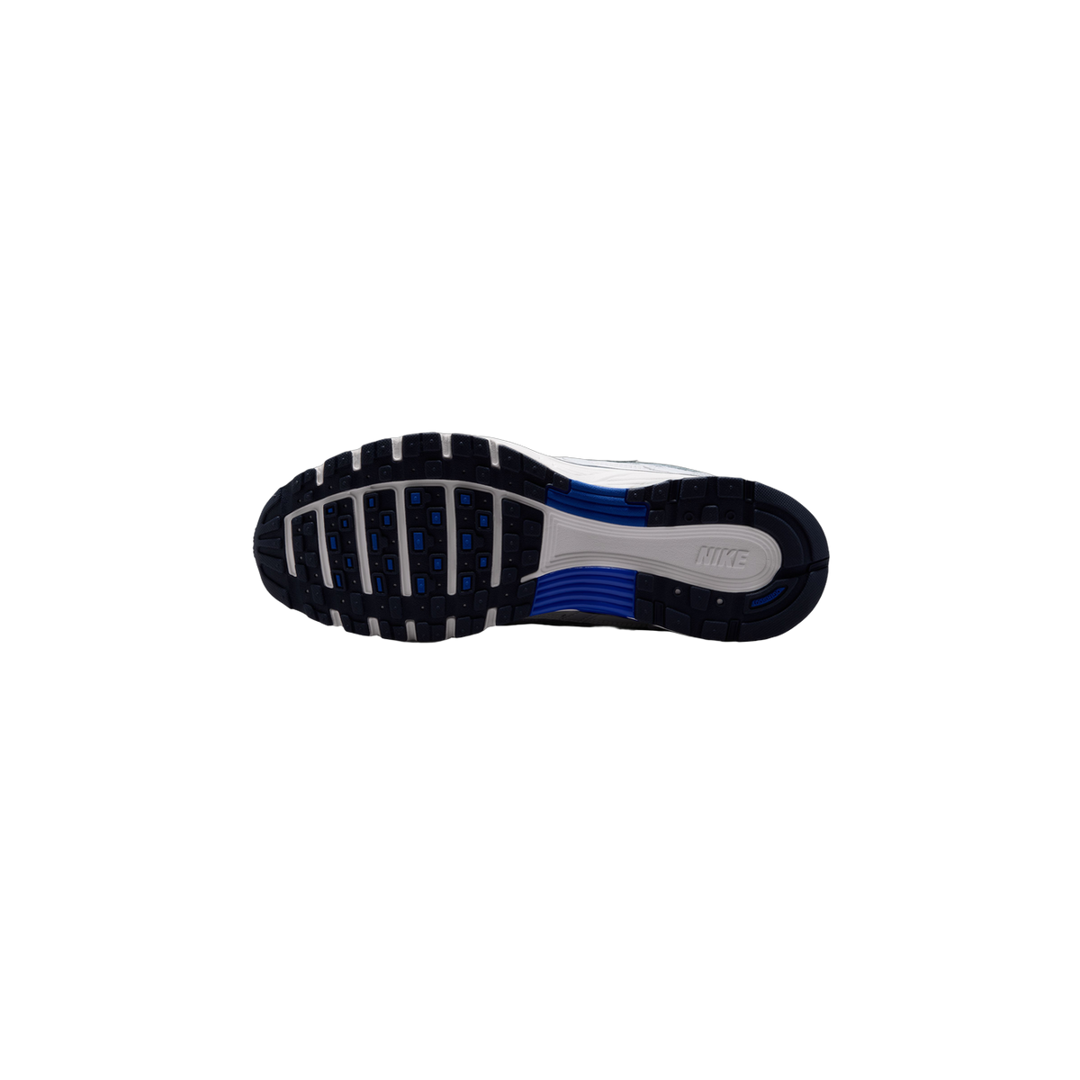 Bottom view of a Nike P-6000 sneaker showing a navy and white tread pattern with blue accents and Nike logo on the outsole.