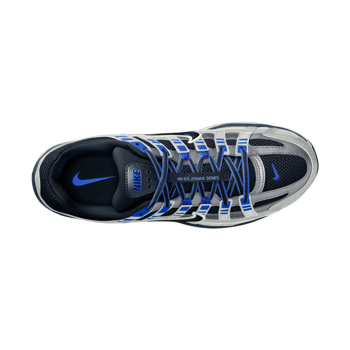 Top-down view of a gray, blue, and white Nike P-6000 sneaker showing the mesh tongue with blue Nike swoosh, crossed laces, and a Boujerman Series text label.