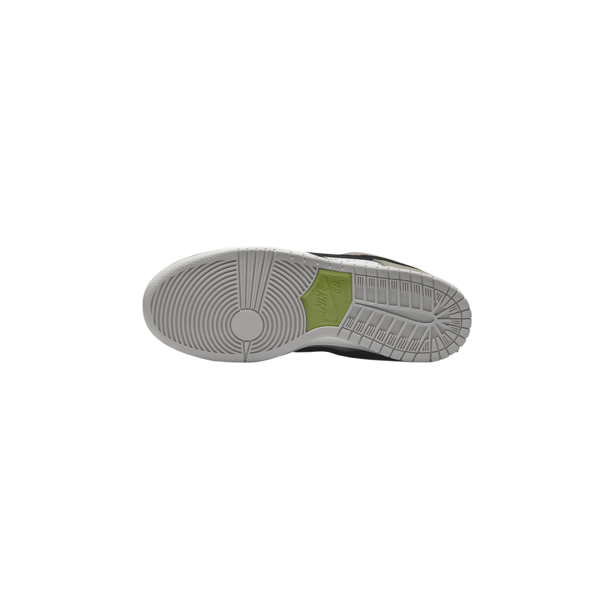 Bottom view of a Nike SB Dunk Low showing the white gum outsole with circular tread pattern and a green Nike SB logo heel patch