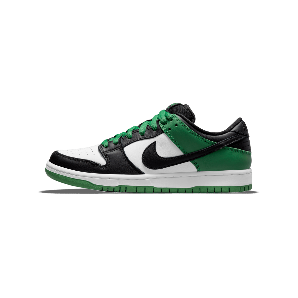 Side view of a left Nike SB Dunk Low sneaker in black, white and green with green laces and a black swoosh outlined in white.