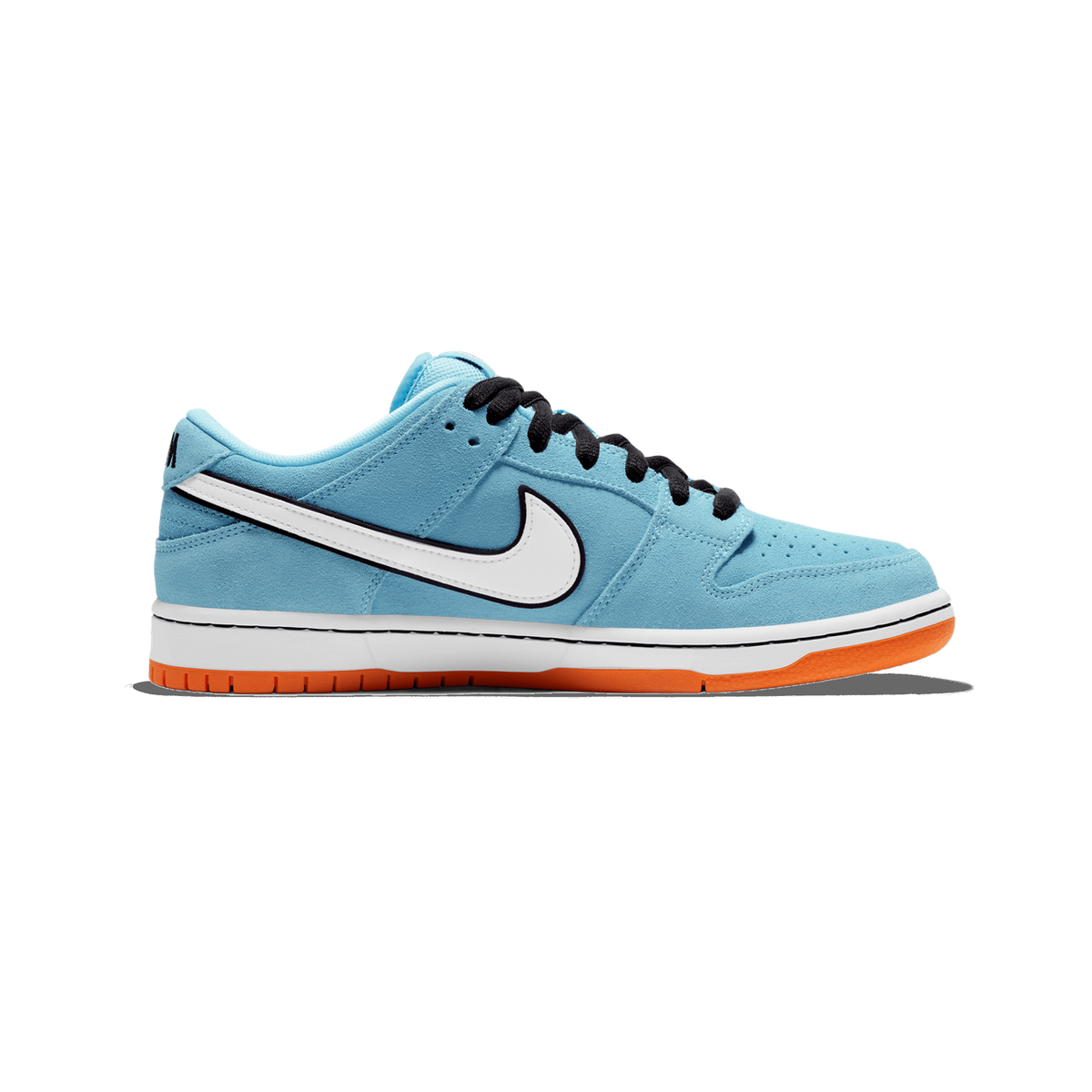 Side view of a blue suede Nike SB Dunk Low with white Swoosh, black laces, and an orange outsole, toe pointing left.