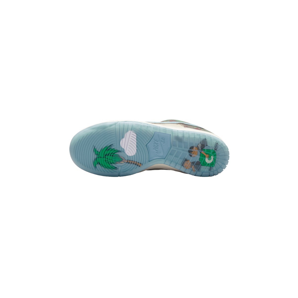 Underside of a single Nike SB Dunk Low sneaker showing a translucent light-blue outsole with a green palm tree graphic, a Nike SB logo patch, and a skateboarder graphic near the heel.